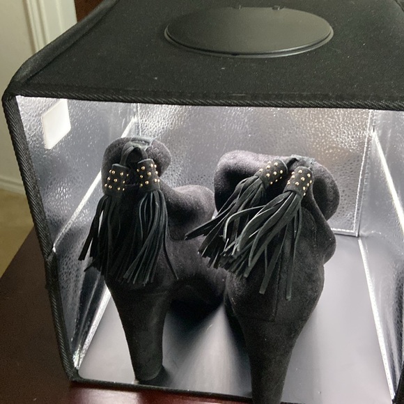 Black suede ankle heel boots with black and white tassel on back and open toe. - Picture 3 of 3